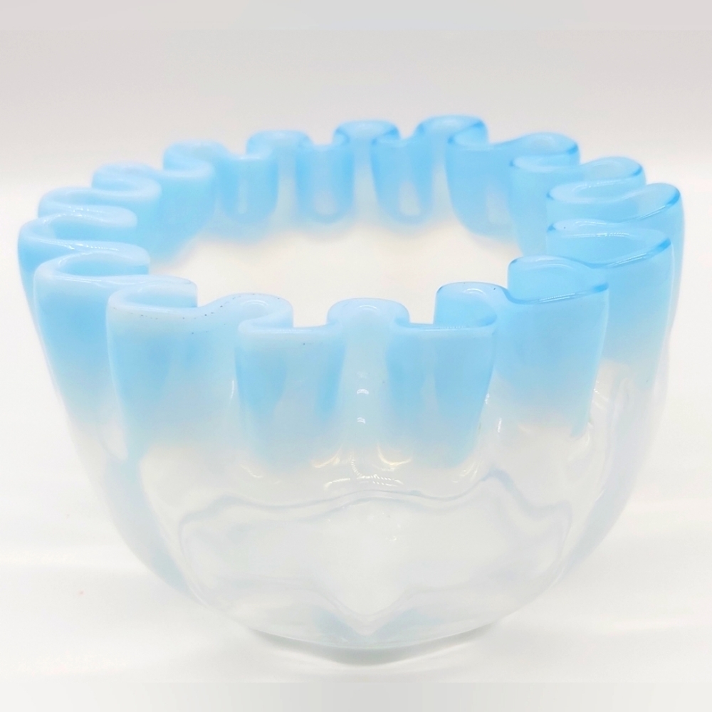 Vintage blue opalescent Crimped edge rose bowl